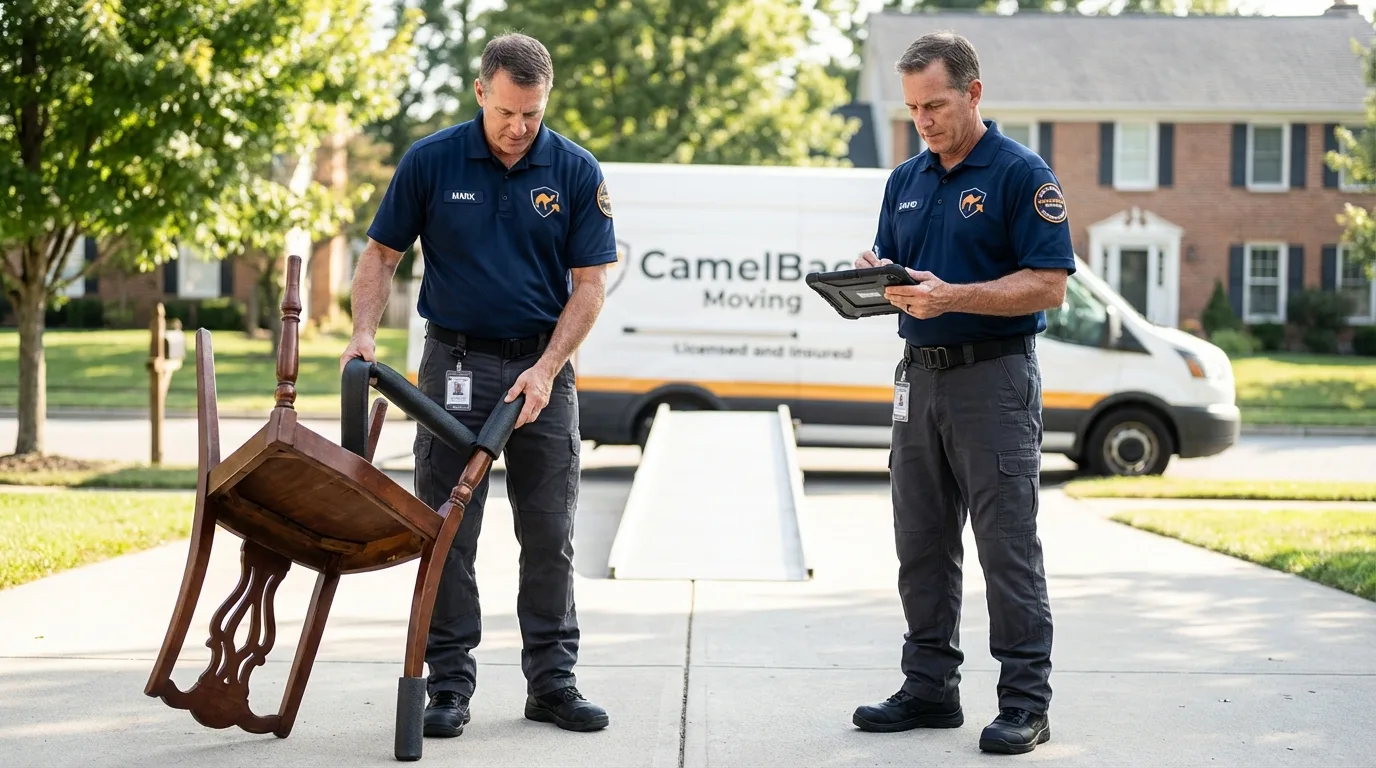 Movers inspecting furniture for damage prevention before loading in Evergreen, AL