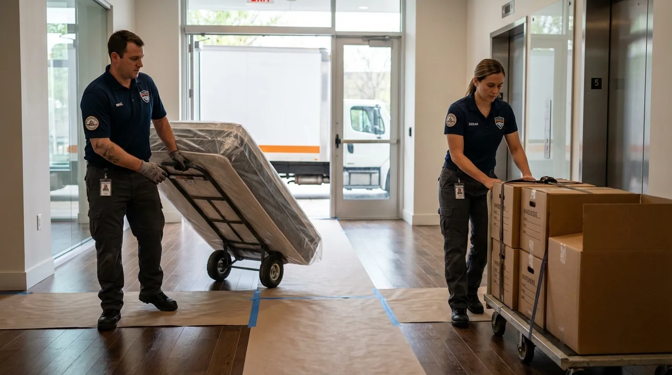 Professional apartment movers loading elevator in Evergreen, AL