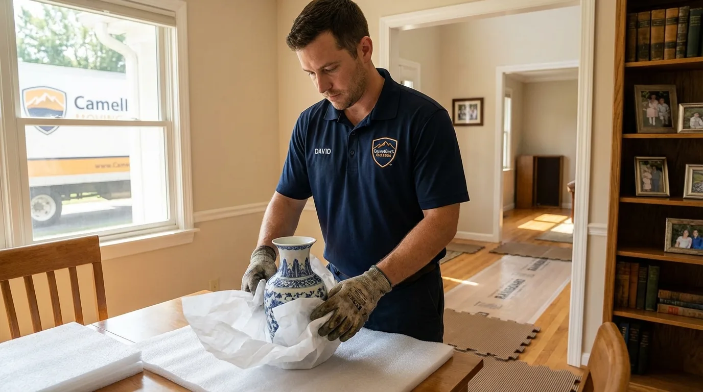 Professional crew carefully wrapping antique vase for senior downsizing move in Evergreen, AL